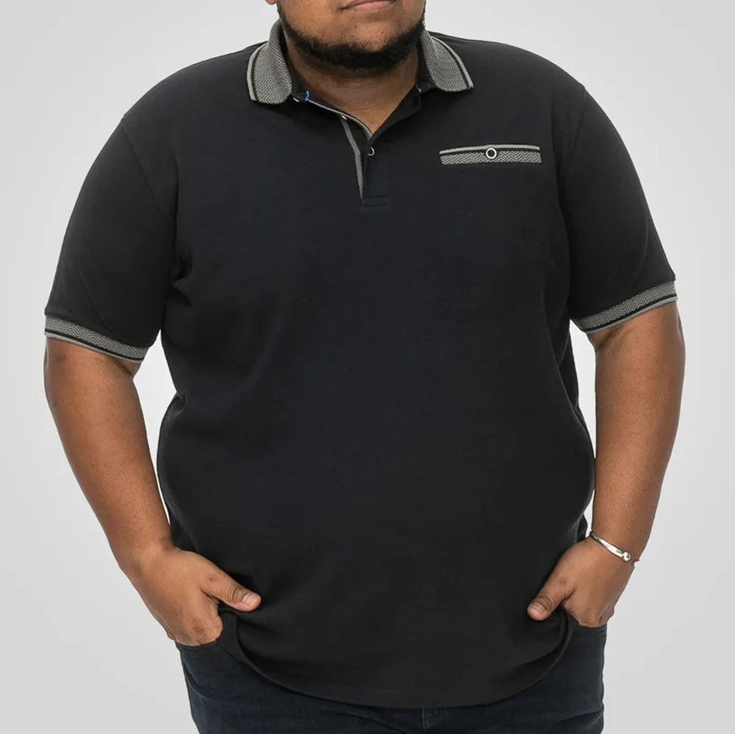 D555 Plus Size Jacquard Collar & Cuffs Polo Navy