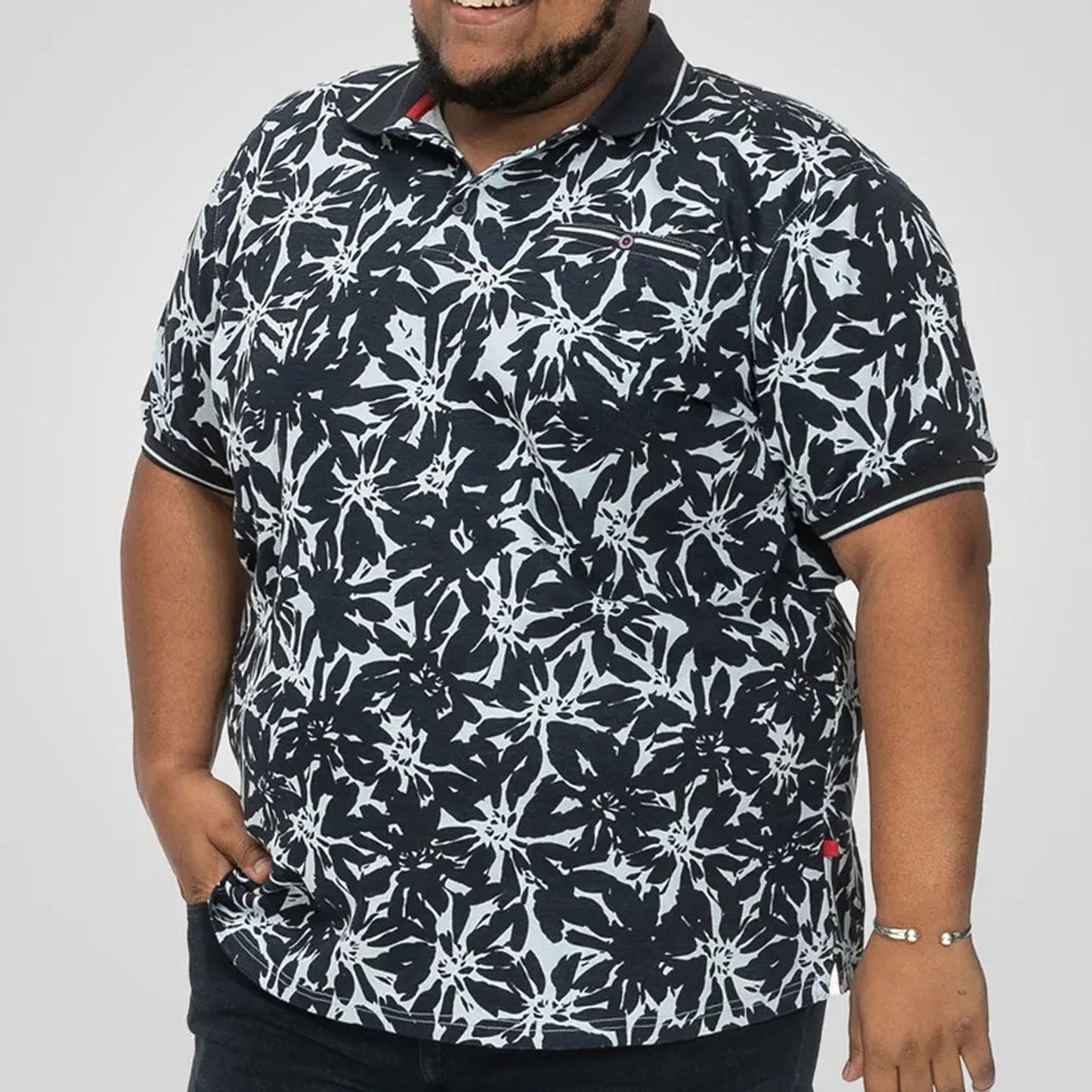 D555 Plus Size Hawaiian Print Polo Blue