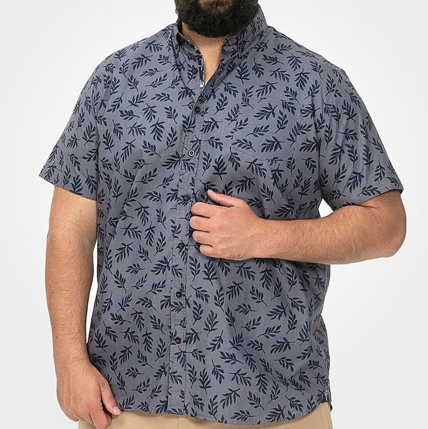 D555 Plus Size Kettering Hawaiian Leaf Short Sleeve Shirt Denim