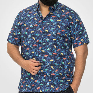 D555 Plus Size Hartlepool Vintage Car Print Short Sleeve Shirt Blue