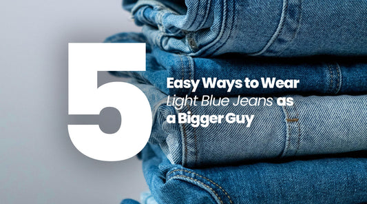 A pile of light blue jeans with text saying 5 easy ways to wear light blue jeans as a bigger guy