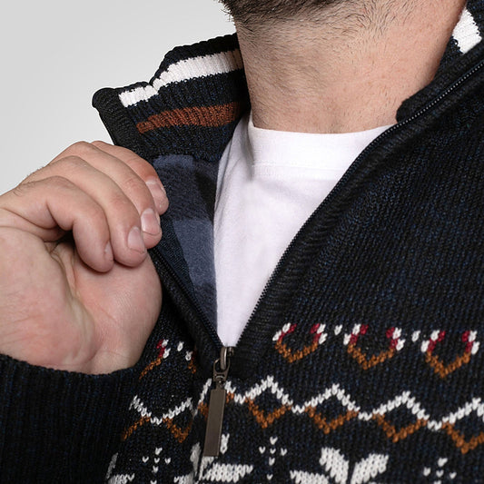 plus size model wearing D555 knitwear for big men, featuring a zig zag pattern across the front, with a 3/4 zip