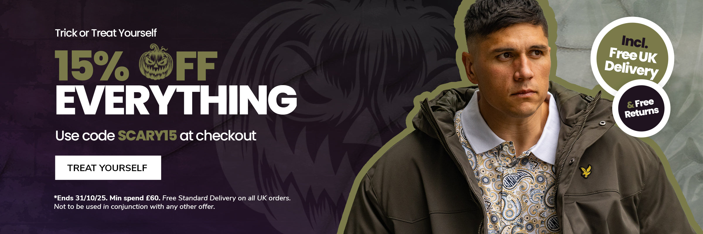 15% off everything when you use code SCARY15 at checkout. Plus size man wearing a Lyle & Scott jacket and a pattern polo. 