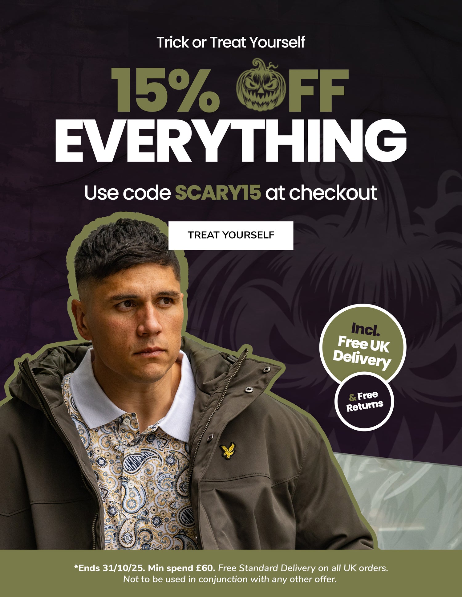 15% off everything when you use code SCARY15 at checkout. Plus size man wearing a Lyle & Scott jacket and a pattern polo. 