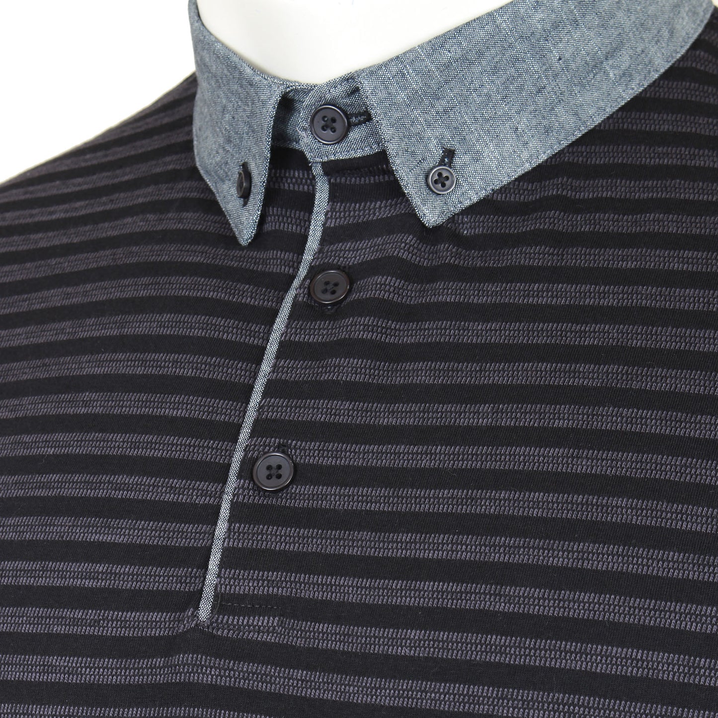 Kam Jeans Plus Size Chambray Collar Dobby Striped Polo Black