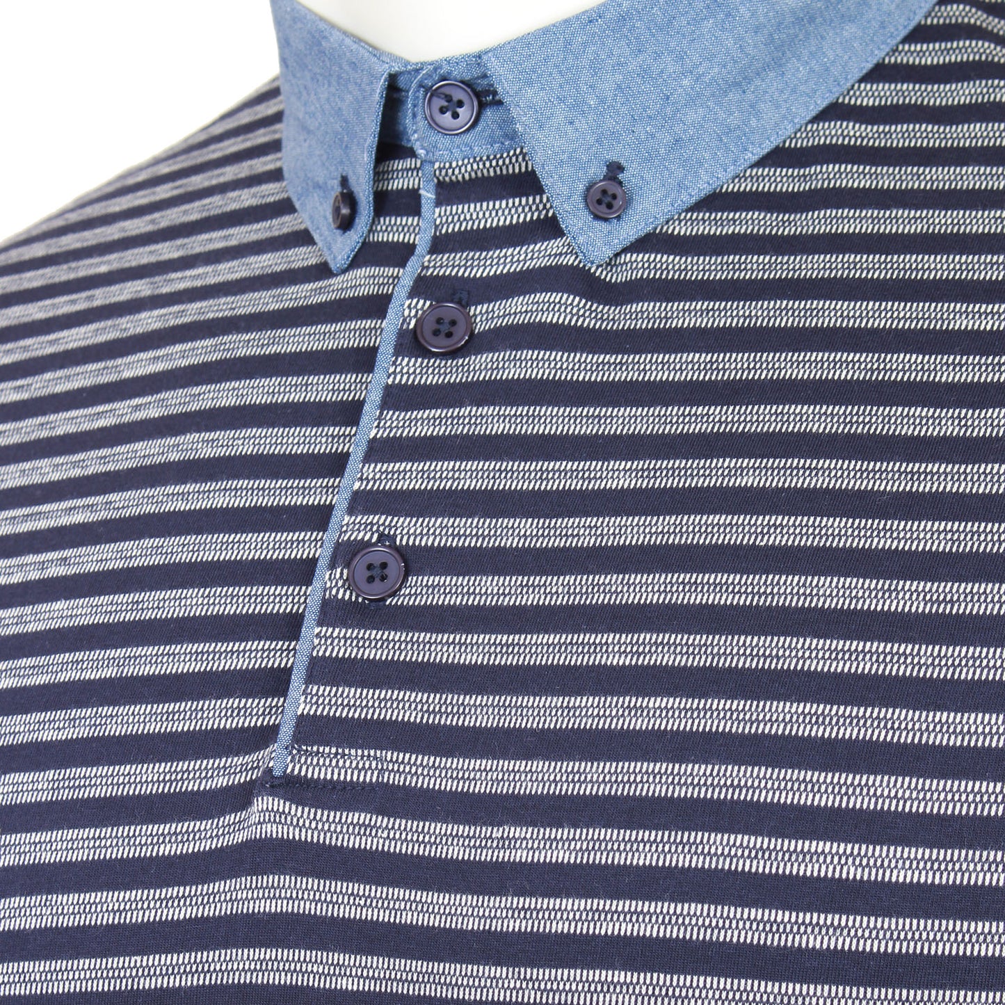 Kam Jeans Plus Size Chambray Collar Dobby Striped Polo Navy