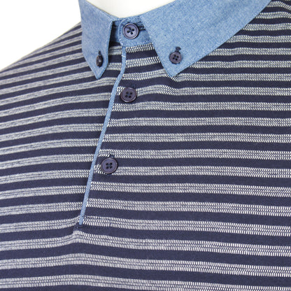 Kam Jeans Plus Size Chambray Collar Dobby Striped Polo Navy