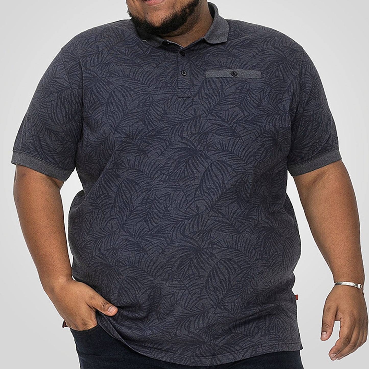D555 Plus Size All Over Leaf Print Polo Denim