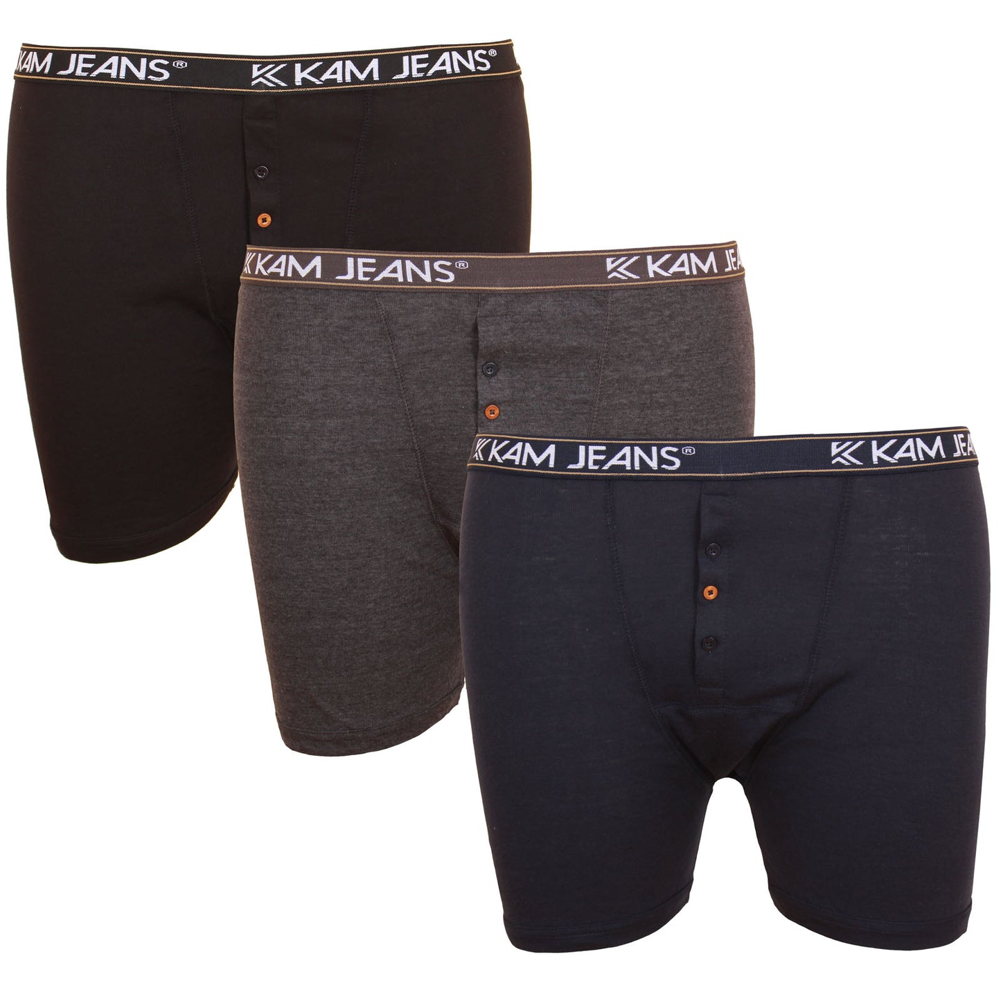Kam Jeans Plus Size Button Fly Boxers 3-Pack Black/Navy/Charcoal