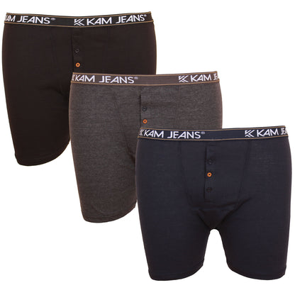 Kam Jeans Plus Size Button Fly Boxers 3-Pack Black/Navy/Charcoal