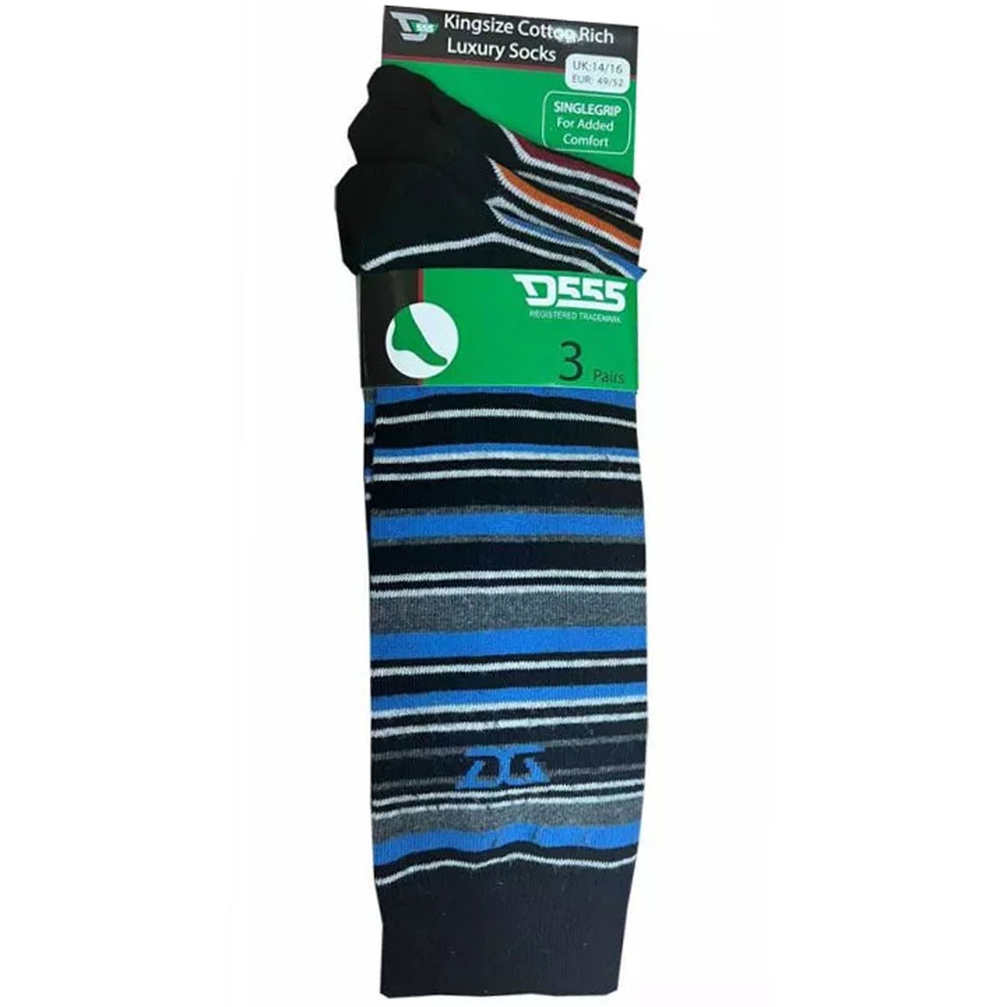 D555 Plus Size Roxton Cotton Rich Luxury Striped Socks 3-Pack Black