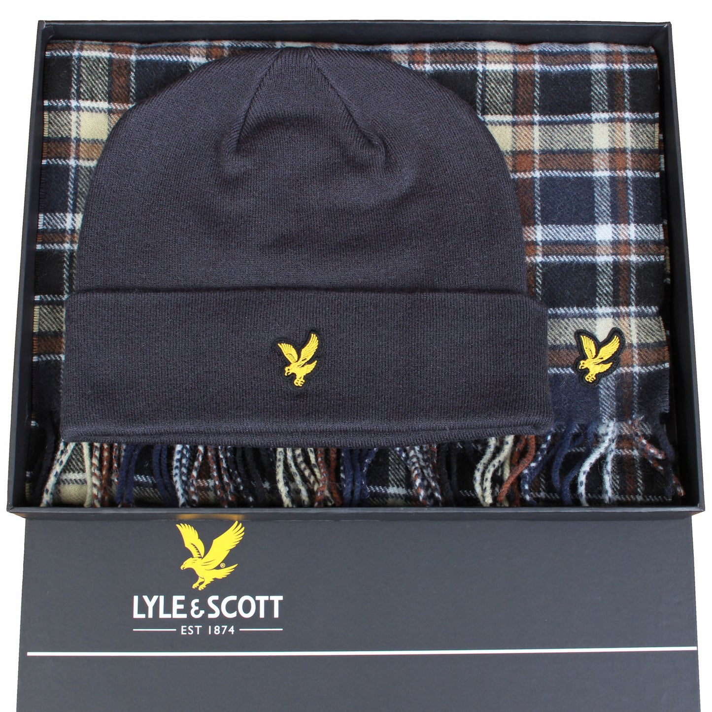Lyle & Scott Lambswool Blend Scarf & Beanie Set Blue Night