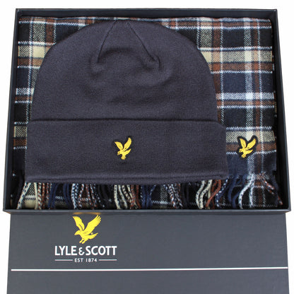 Lyle & Scott Lambswool Blend Scarf & Beanie Set Blue Night