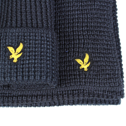 Lyle & Scott Waffle Scarf & Beanie Set Dark Navy