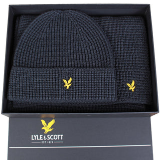 Lyle & Scott Waffle Scarf & Beanie Set Dark Navy