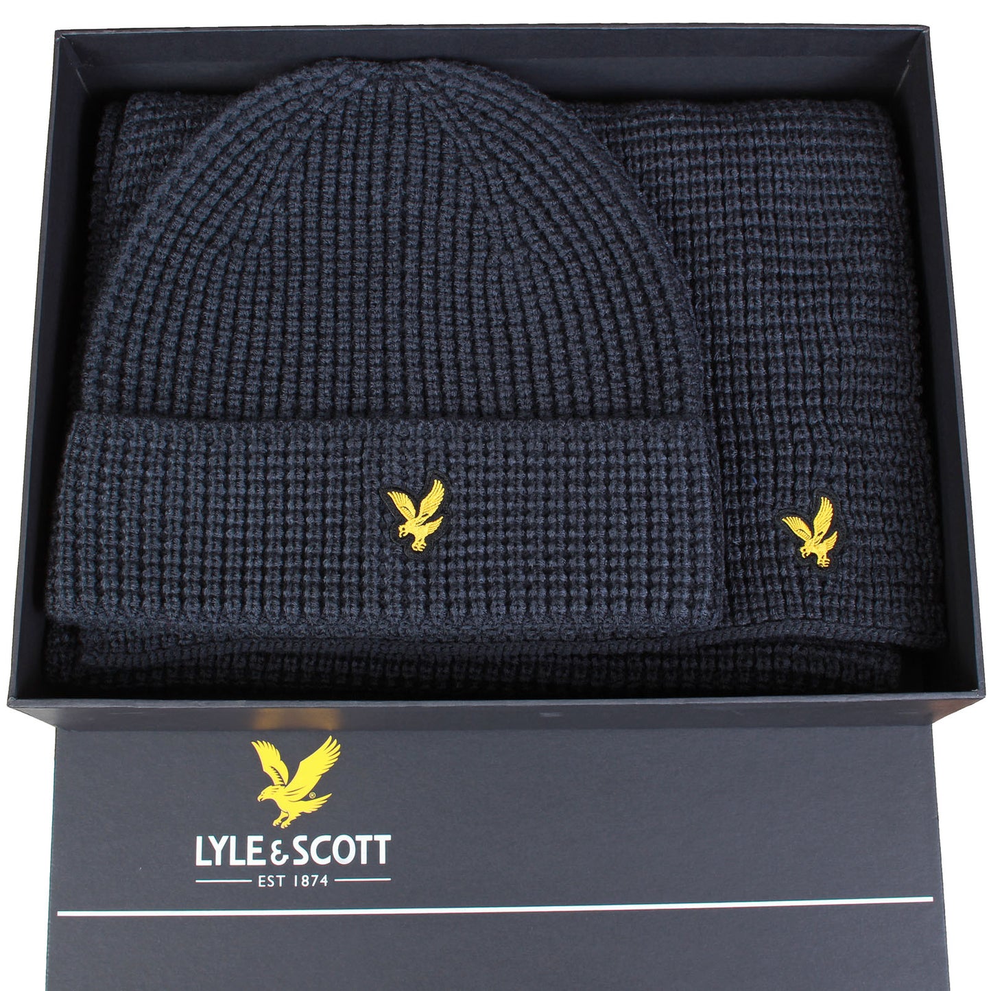 Lyle & Scott Waffle Scarf & Beanie Set Dark Navy
