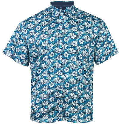 Kam Jeans Plus Size Hibiscus Floral Short Sleeve Shirt Pacific