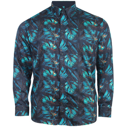 Kam Jeans Plus Size Kbs6072 Plant Print Long Sleeve Shirt Navy
